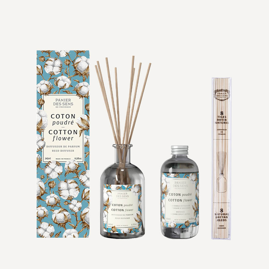Set Difuzor parfum cameră  "Coton Poudre" + Rezervă difuzor + Bețișoare de ratan natural