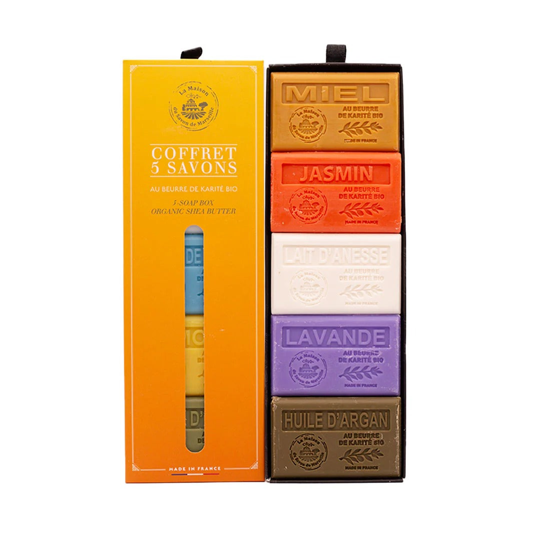 Set de 5 săpunuri solide, îmbogățite cu unt de shea, 60g fiecare